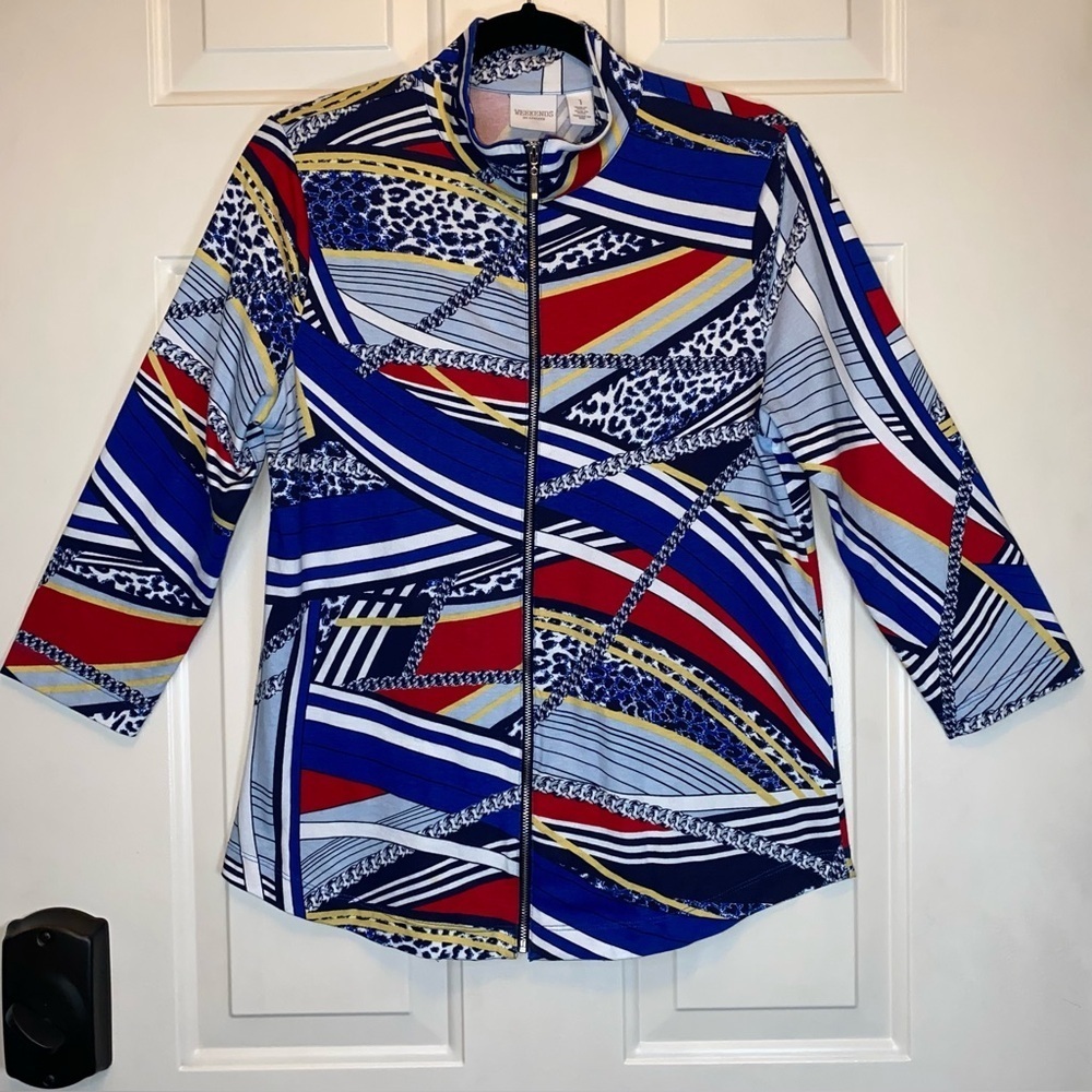 Chico’s Weekends Zip Up Jacket Size 1 (8 or M) 3/4 Sleeves Animal Print Chains
